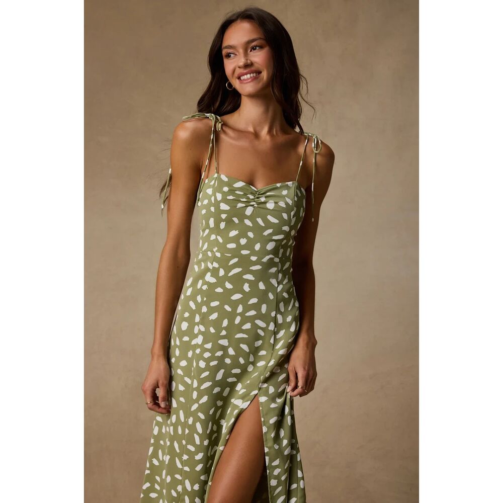Lulus Party in Paris Sage Green Print Tie-Strap Midi Dress Size XS - Picture 6 of 12
